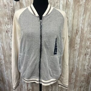GAP Textured Knit Bomber Jacket in Cream and Gray‎